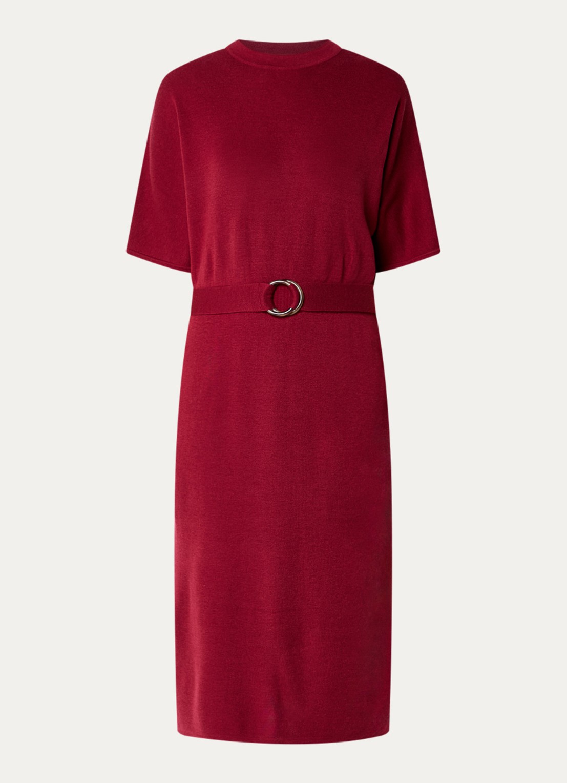 Expresso Midi jurk in wolblend met ceintuur - voorkant 2 cranberryrood