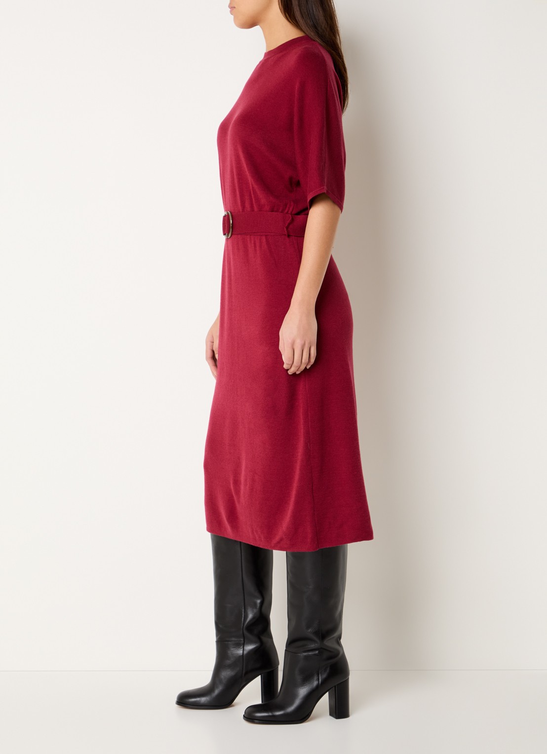 Expresso Midi jurk in wolblend met ceintuur - voorkant 3 cranberryrood