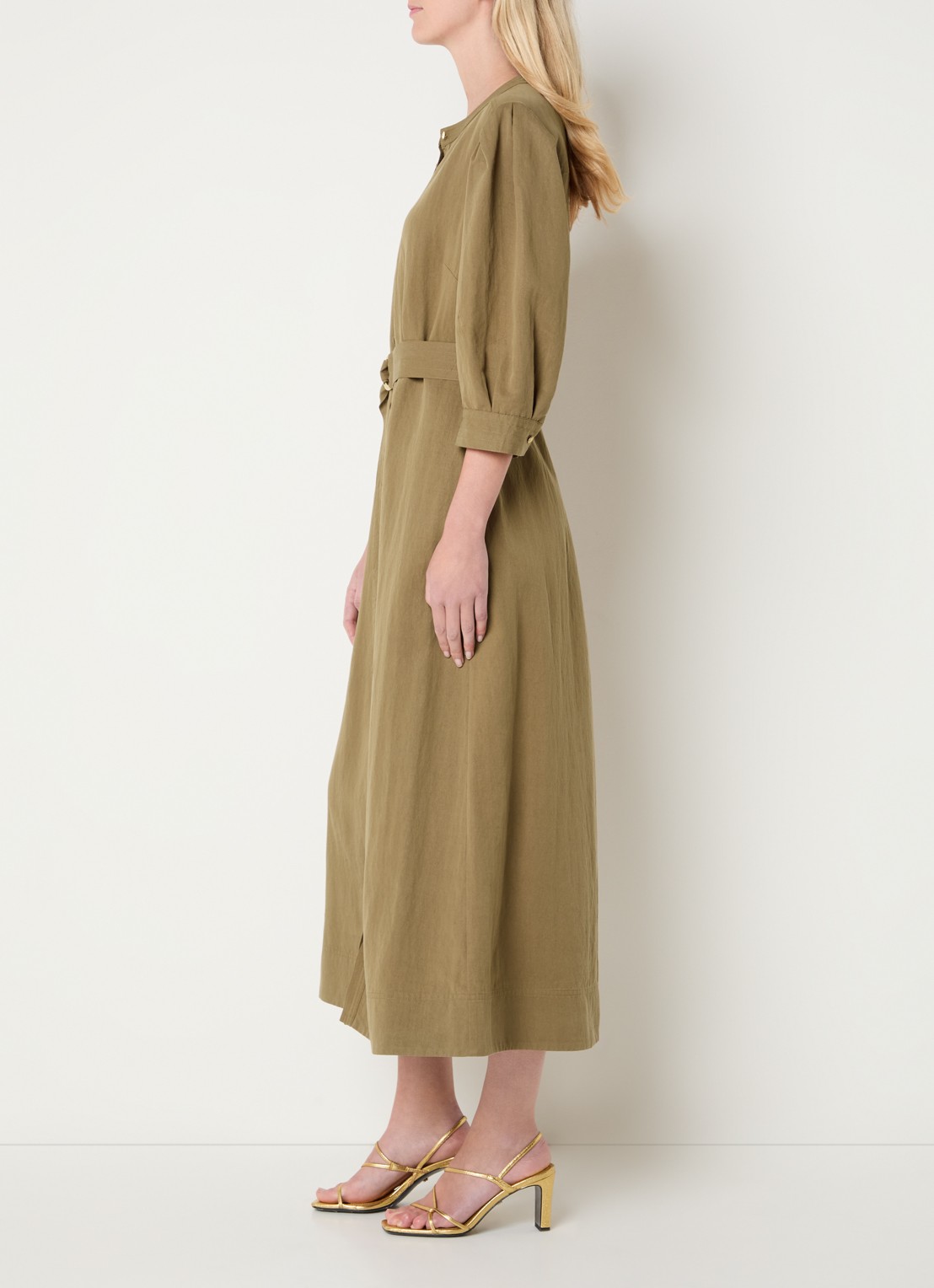Expresso Midi jurk met ceintuur en ballonmouw - voorkant 3 camel
