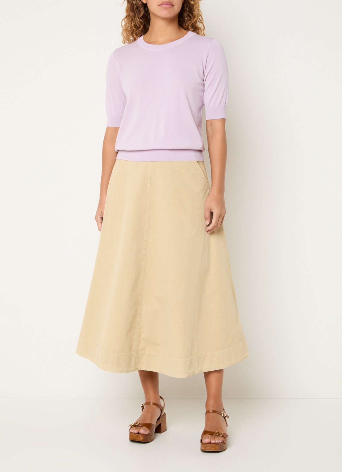 Expresso Midi rok in linnenblend met steekzakken - voorkant 2 beige