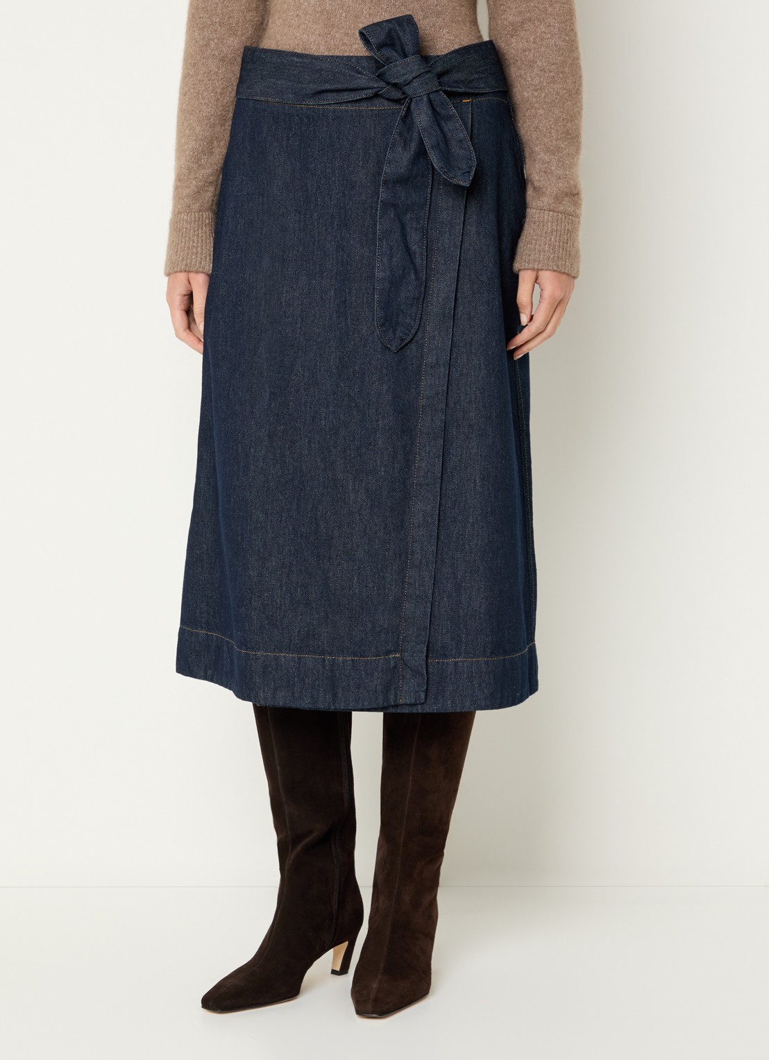 Expresso Midi rok van denim met strikceintuur - detail indigo