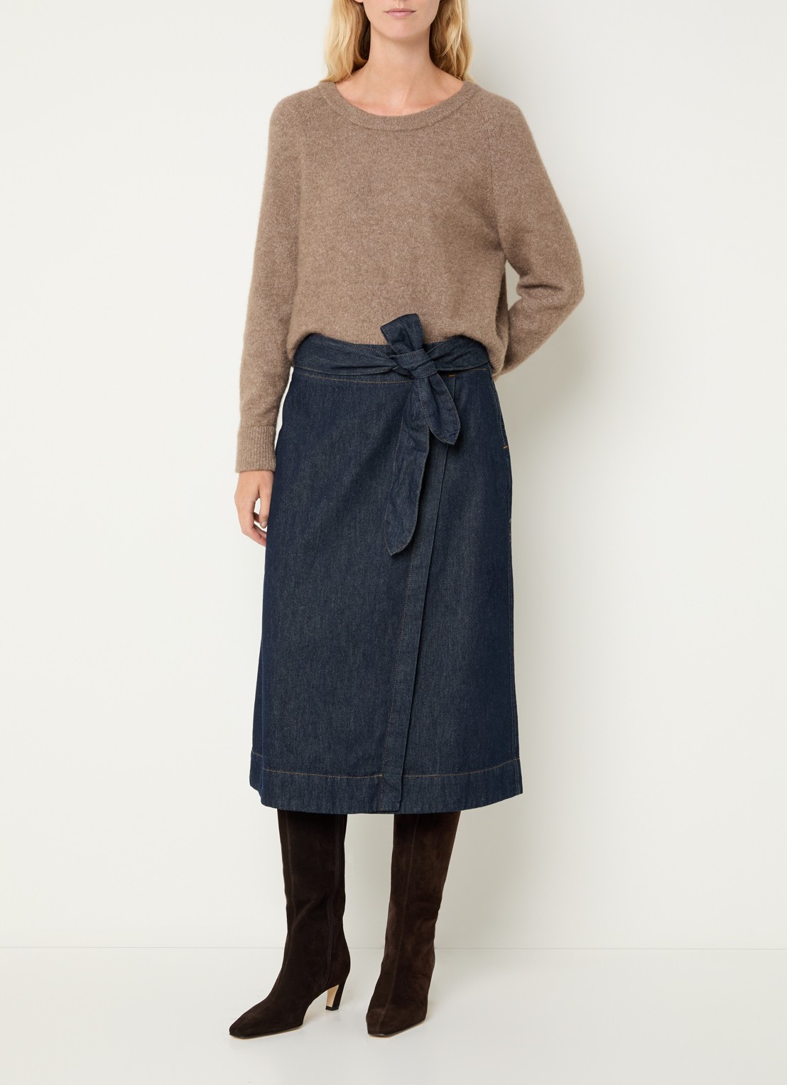 Expresso Midi rok van denim met strikceintuur - voorkant 4 indigo