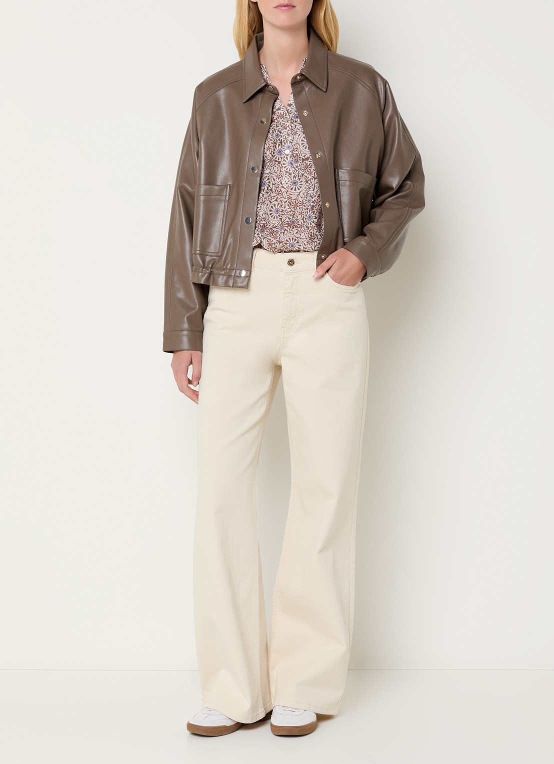 Expresso Paris mid waist wide leg jeans met gekleurde wassing - voorkant 2 beige