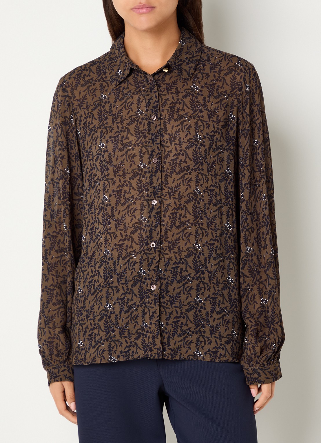 Expresso Semi-transparante blouse met bladprint - detail bruin