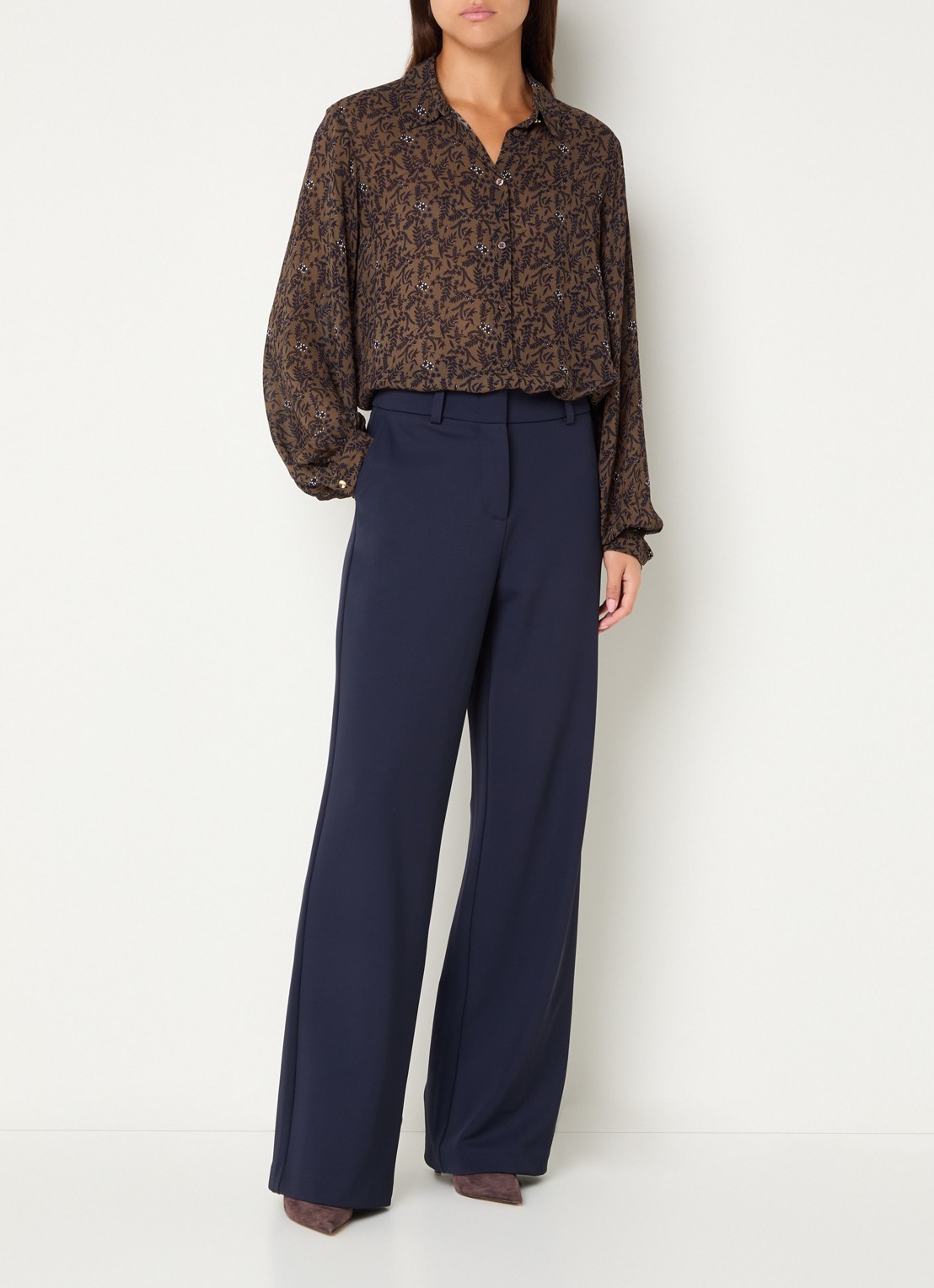Expresso Semi-transparante blouse met bladprint - voorkant 4 bruin