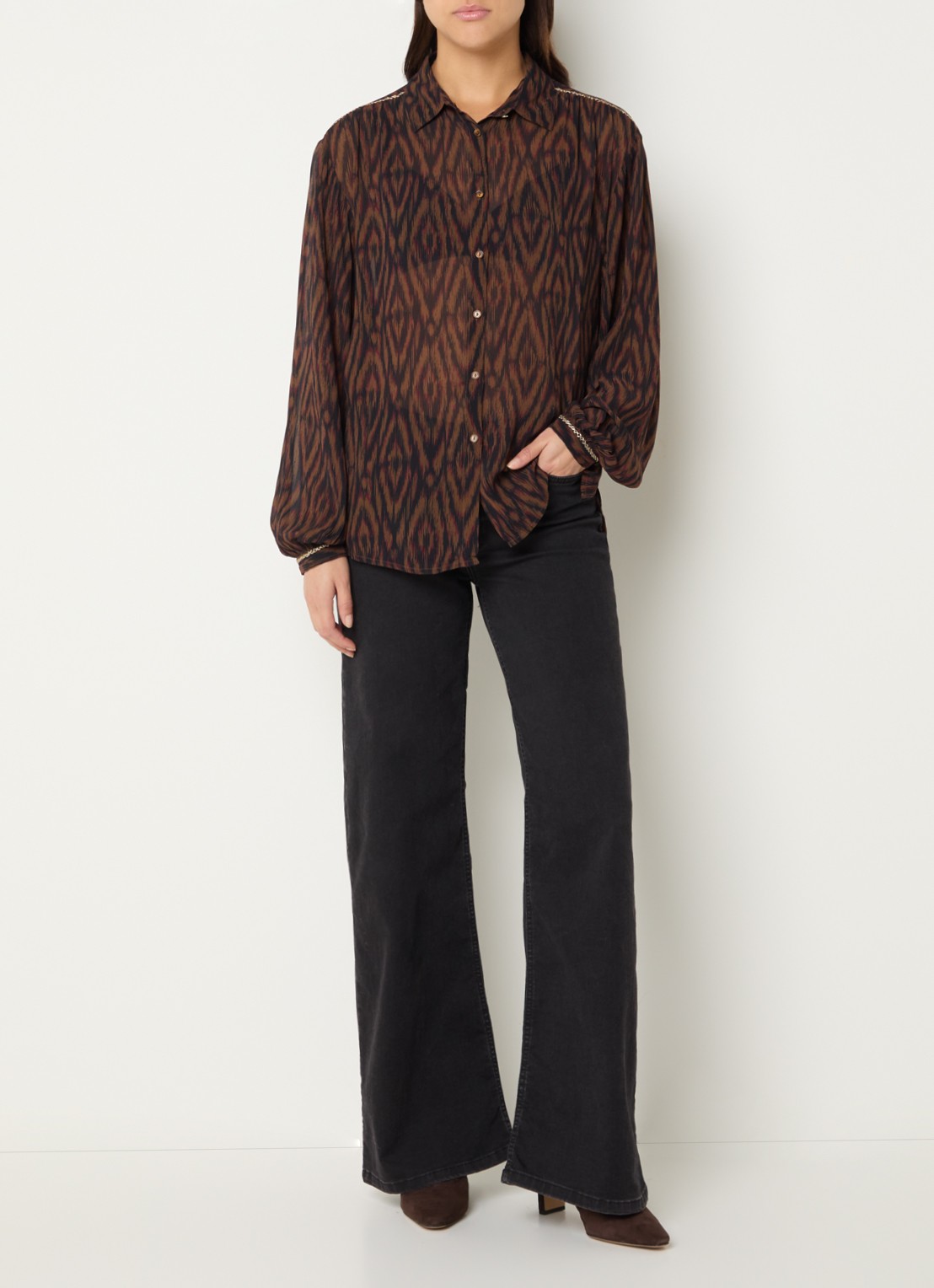 Expresso Semi-transparante blouse met grafische print - voorkant 4 bruin