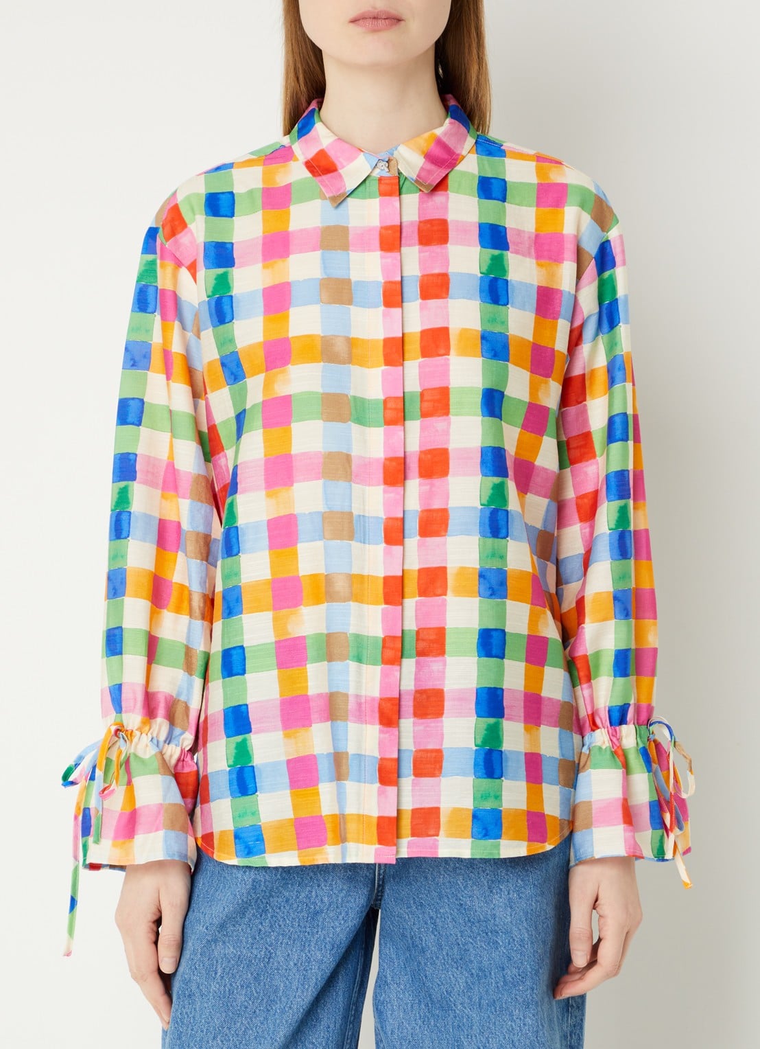 Fabienne Chapot Alicia blouse in linnenblend met ruitdessin  - detail 4 roze