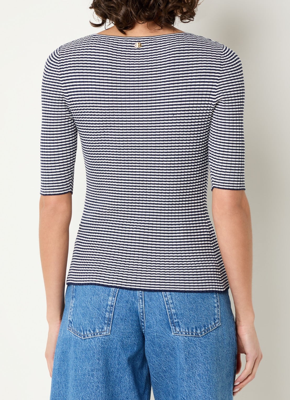 Fabienne Chapot Anouk ribgebreide top met streepprint - achterkant 2 donkerblauw