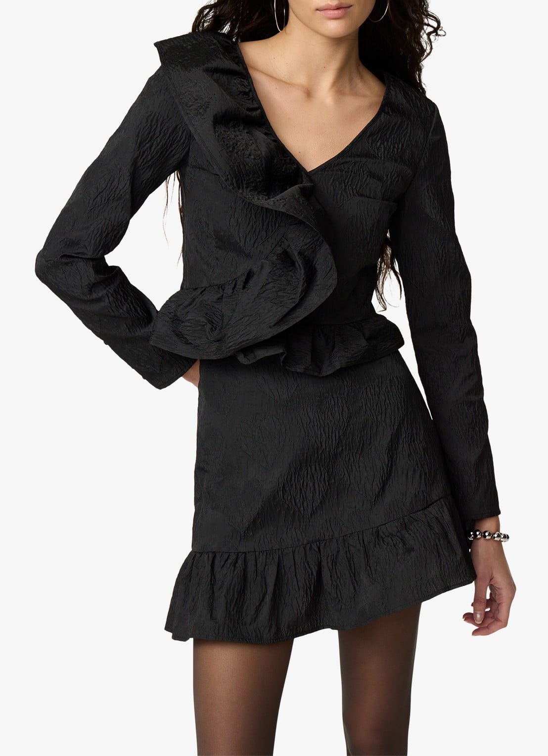 Fabienne Chapot Arlo mini rok met jacquard dessin en ruches - detail zwart