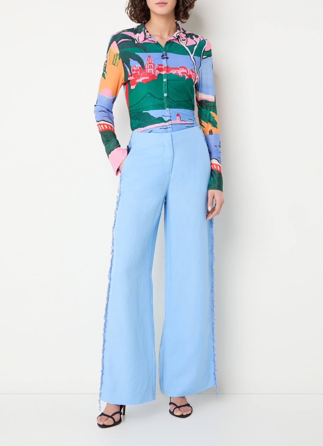 Fabienne Chapot Barril high waist straight fit pantalon met kralendecoratie - voorkant 3 blauwgrijs