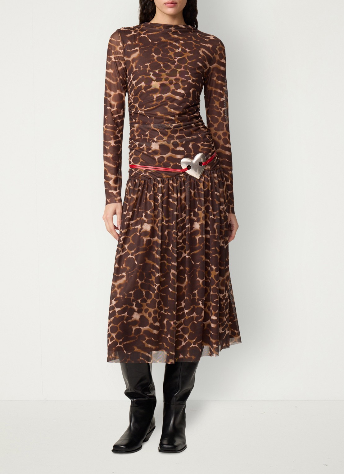 Fabienne Chapot Bello midi jurk met dierenprint en mesh - voorkant 3 bruin