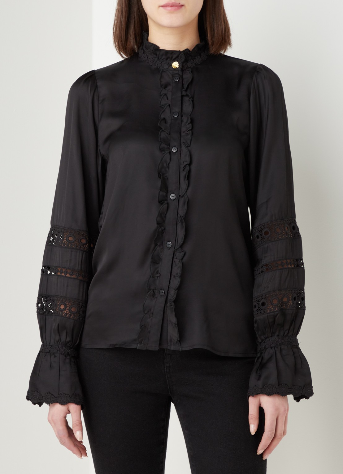 Fabienne Chapot Boho blouse met ruches en broderie - detail 2 zwart