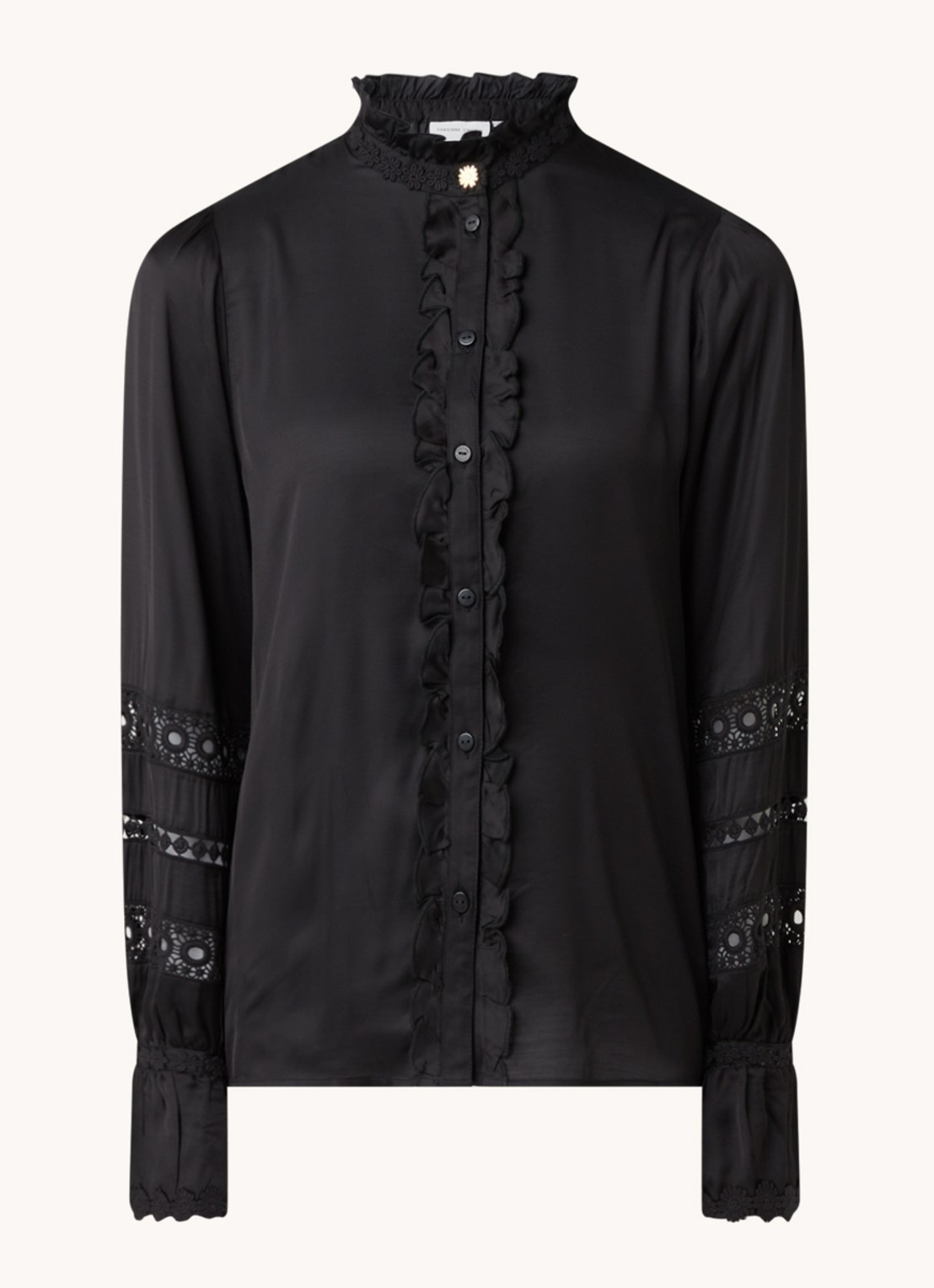 Fabienne Chapot Boho blouse met ruches en broderie - voorkant 3 zwart