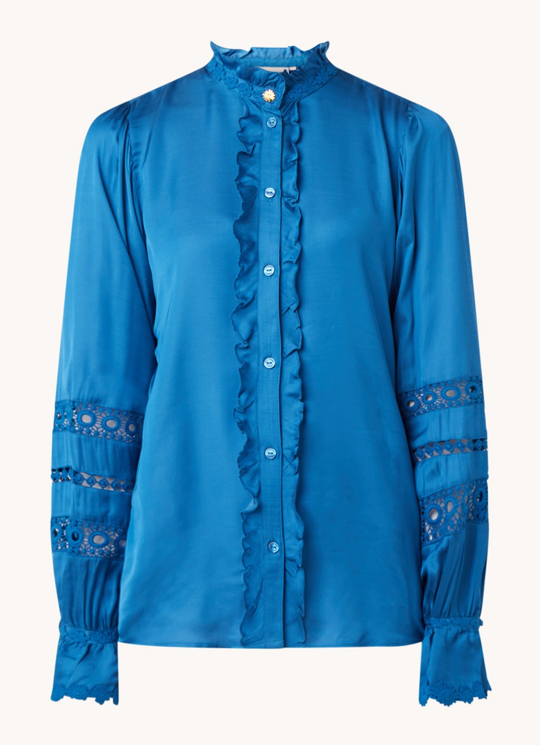 Fabienne Chapot Boho blouse met ruches en broderie - voorkant 2 petrolgroen