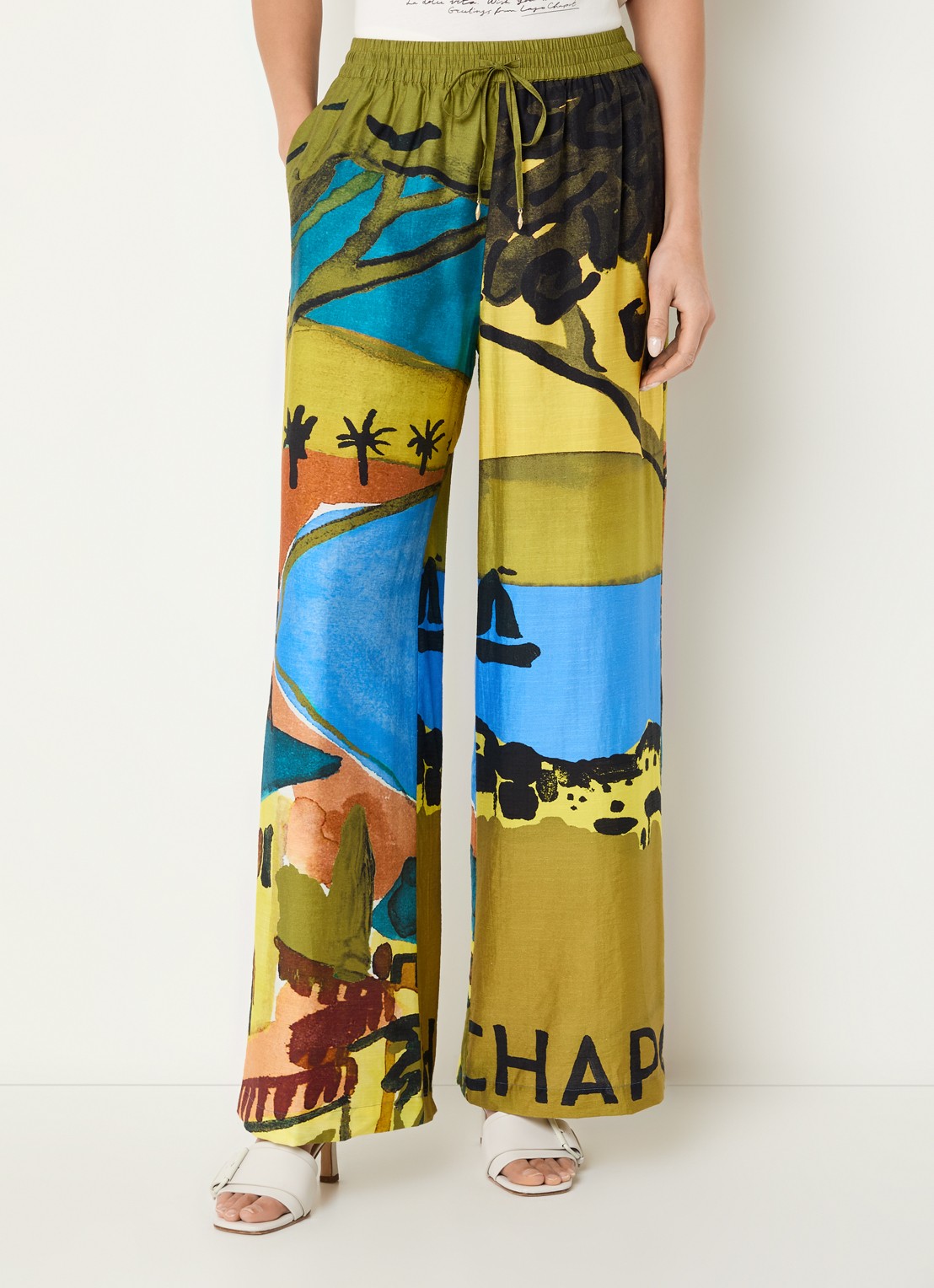 Fabienne Chapot Brent high waist loose fit pantalon in linnenblend met print - detail 4 mosgroen