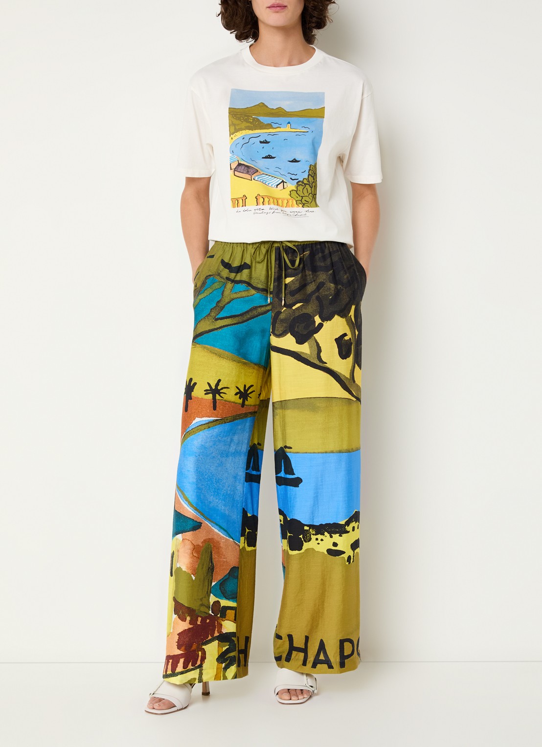 Fabienne Chapot Brent high waist loose fit pantalon in linnenblend met print - voorkant 3 mosgroen