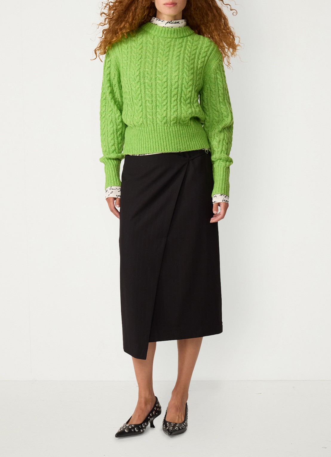 Fabienne Chapot Cable kabelgebreide pullover in wolblend  - voorkant 2 groen