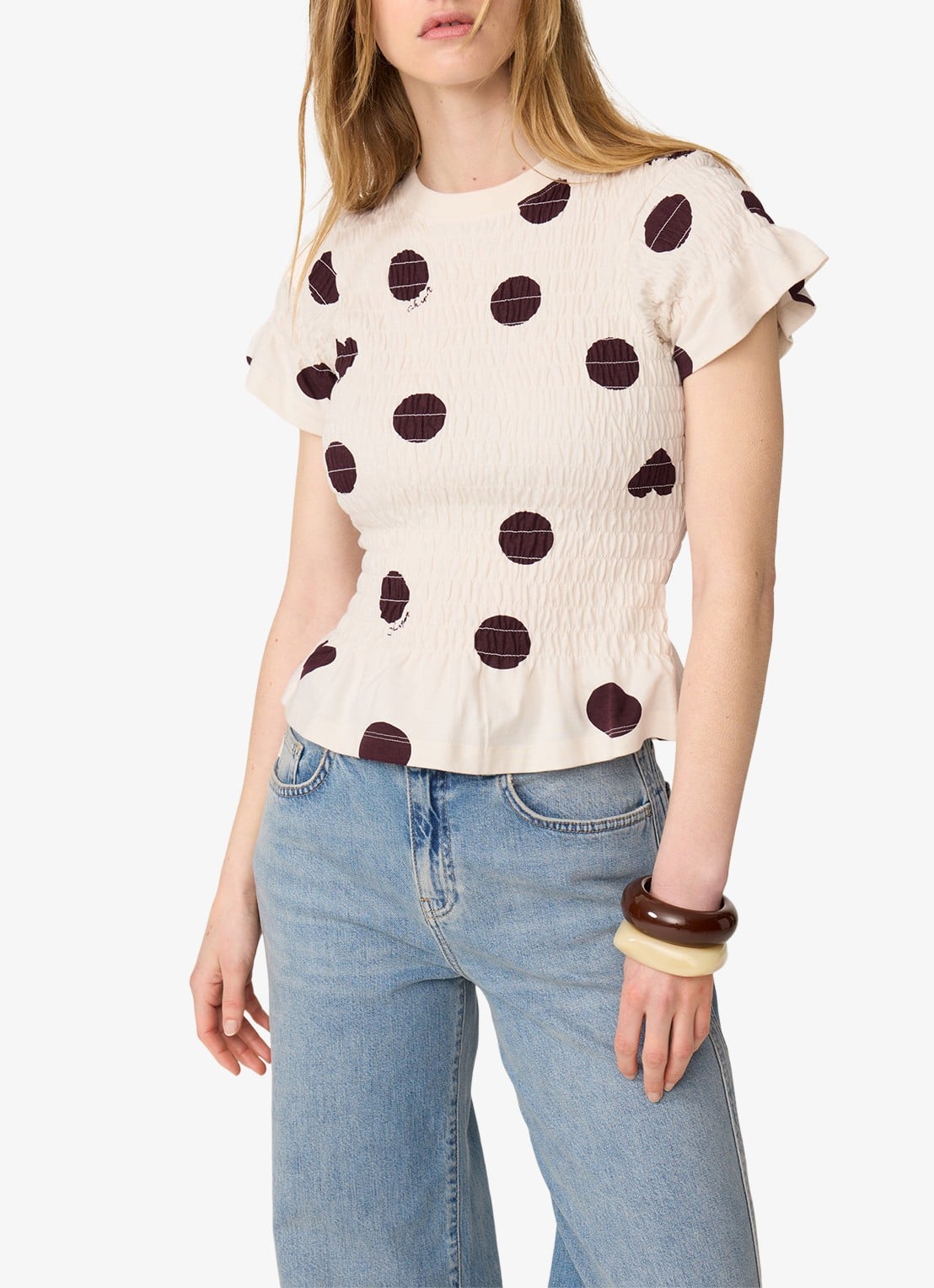 Fabienne Chapot Carmen T-shirt met stippenprint en smockwerk - detail 3 gebroken wit