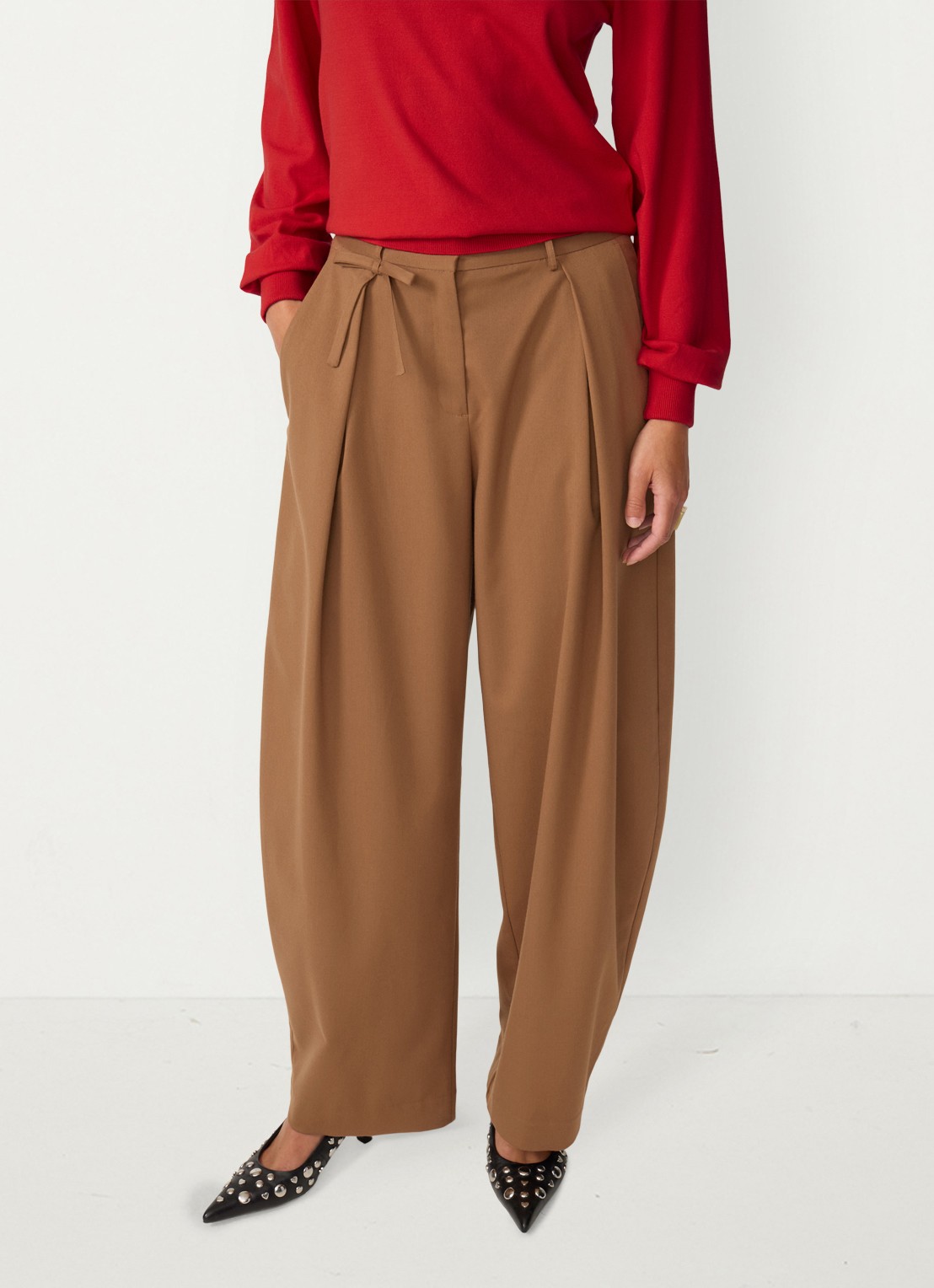 Fabienne Chapot Charlot high waist wide leg pantalon met strikdetail - detail camel
