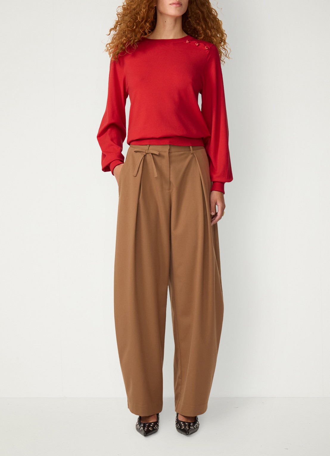 Fabienne Chapot Charlot high waist wide leg pantalon met strikdetail - voorkant 5 camel