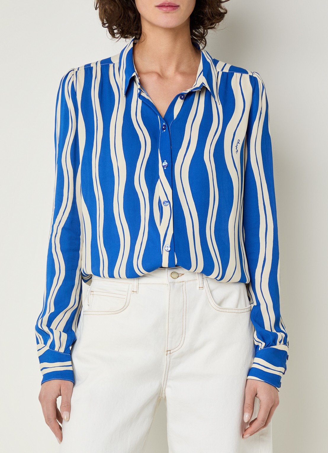 Fabienne Chapot Coco blouse met streepprint - detail kobaltblauw