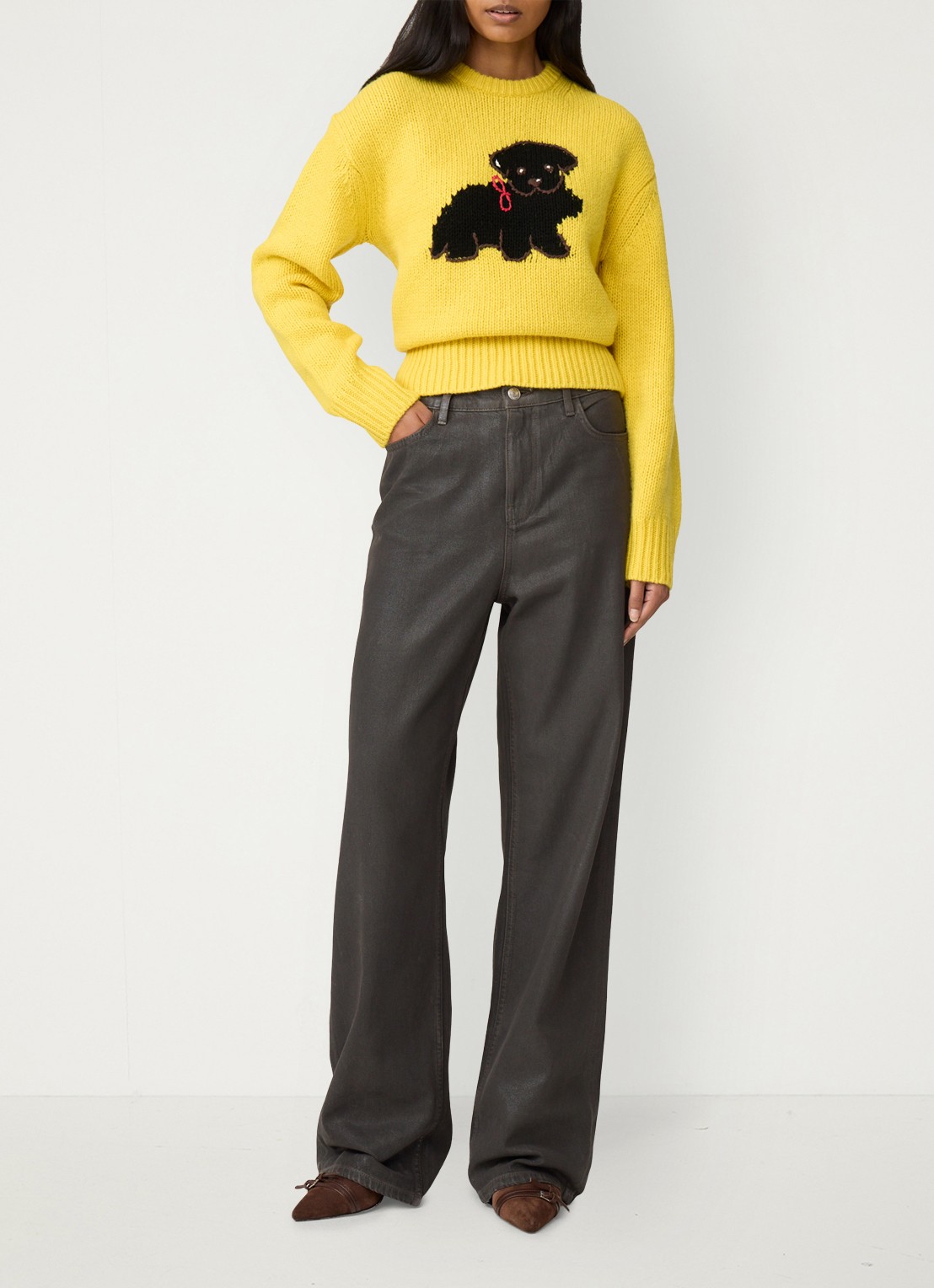 Fabienne Chapot Dog grofgebreide pullover van wol - voorkant 2 geel