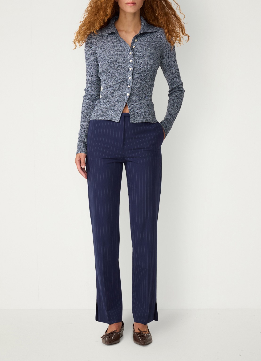 Fabienne Chapot Elliot mid waist straight fit pantalon met krijtstreep - voorkant 5 donkerblauw
