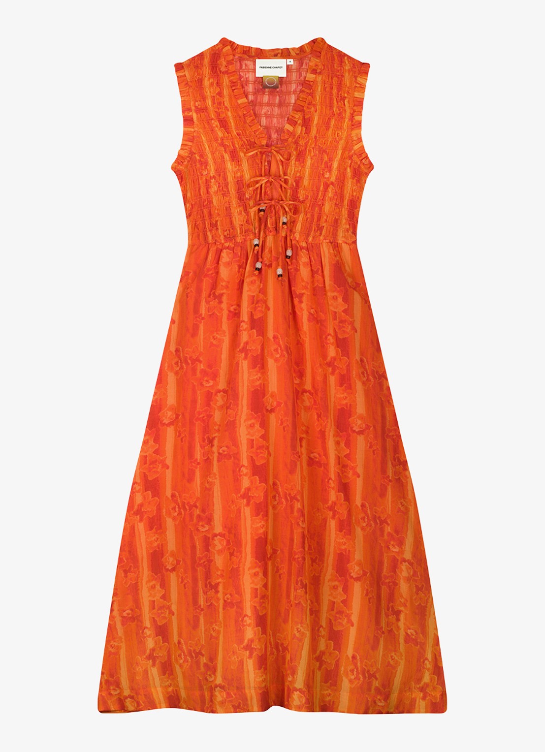 Fabienne Chapot Elou maxi jurk met smockwerk en print - voorkant 2 oranje