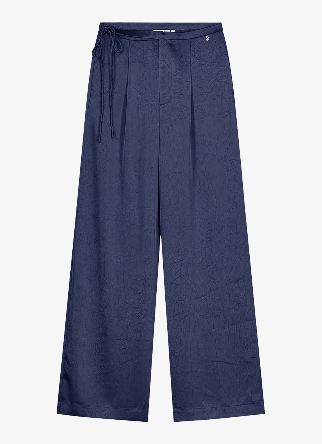 Fabienne Chapot Emma high waist wide fit pantalon van satijn - voorkant donkerblauw