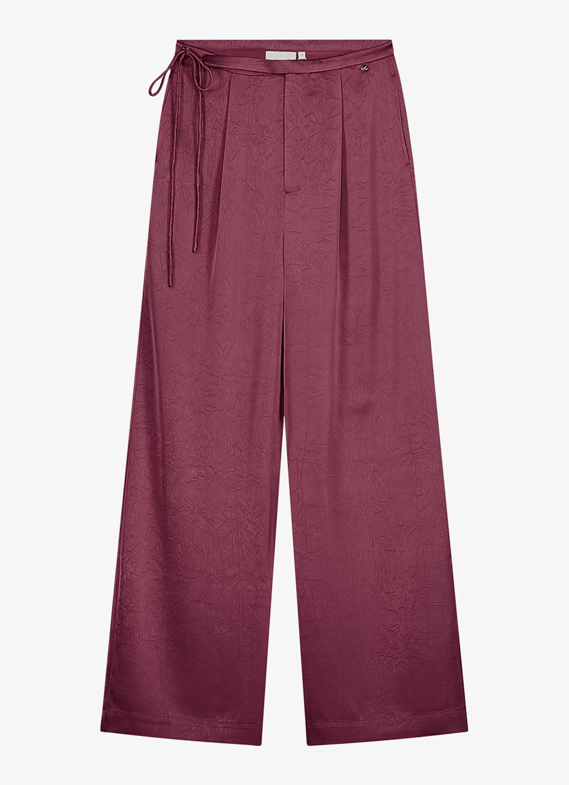 Fabienne Chapot Emma high waist wide leg pantalon van satijn met strikdetail - voorkant 3 bordeauxrood