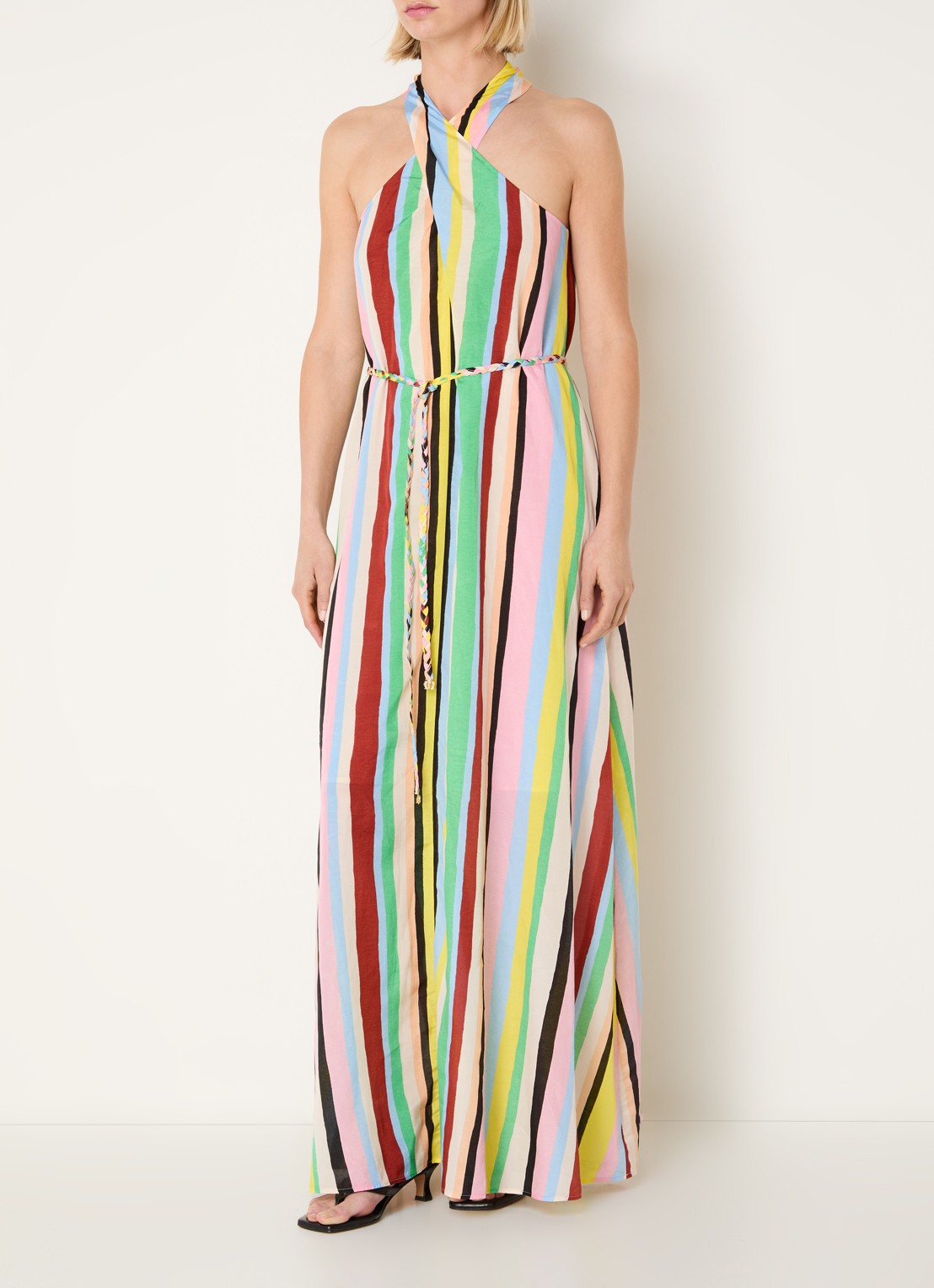 Fabienne Chapot Estelle maxi jurk met streepprint en strikceintuur - detail 4 lichtblauw