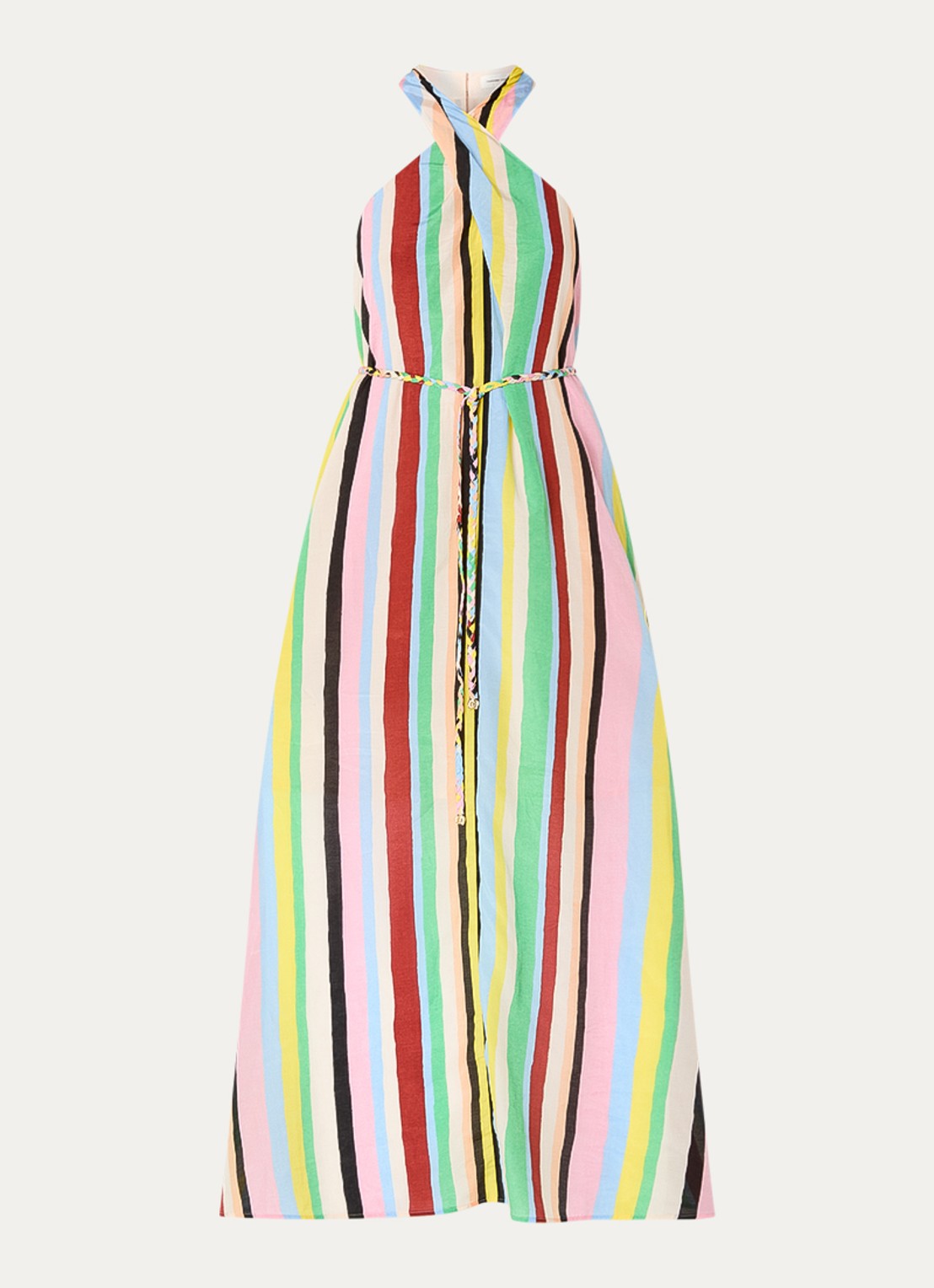 Fabienne Chapot Estelle maxi jurk met streepprint en strikceintuur - voorkant 2 lichtblauw