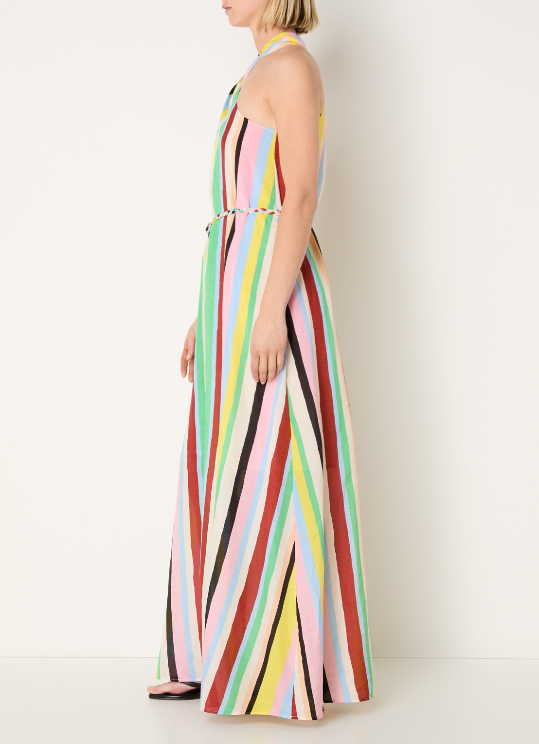 Fabienne Chapot Estelle maxi jurk met streepprint en strikceintuur - voorkant 3 lichtblauw