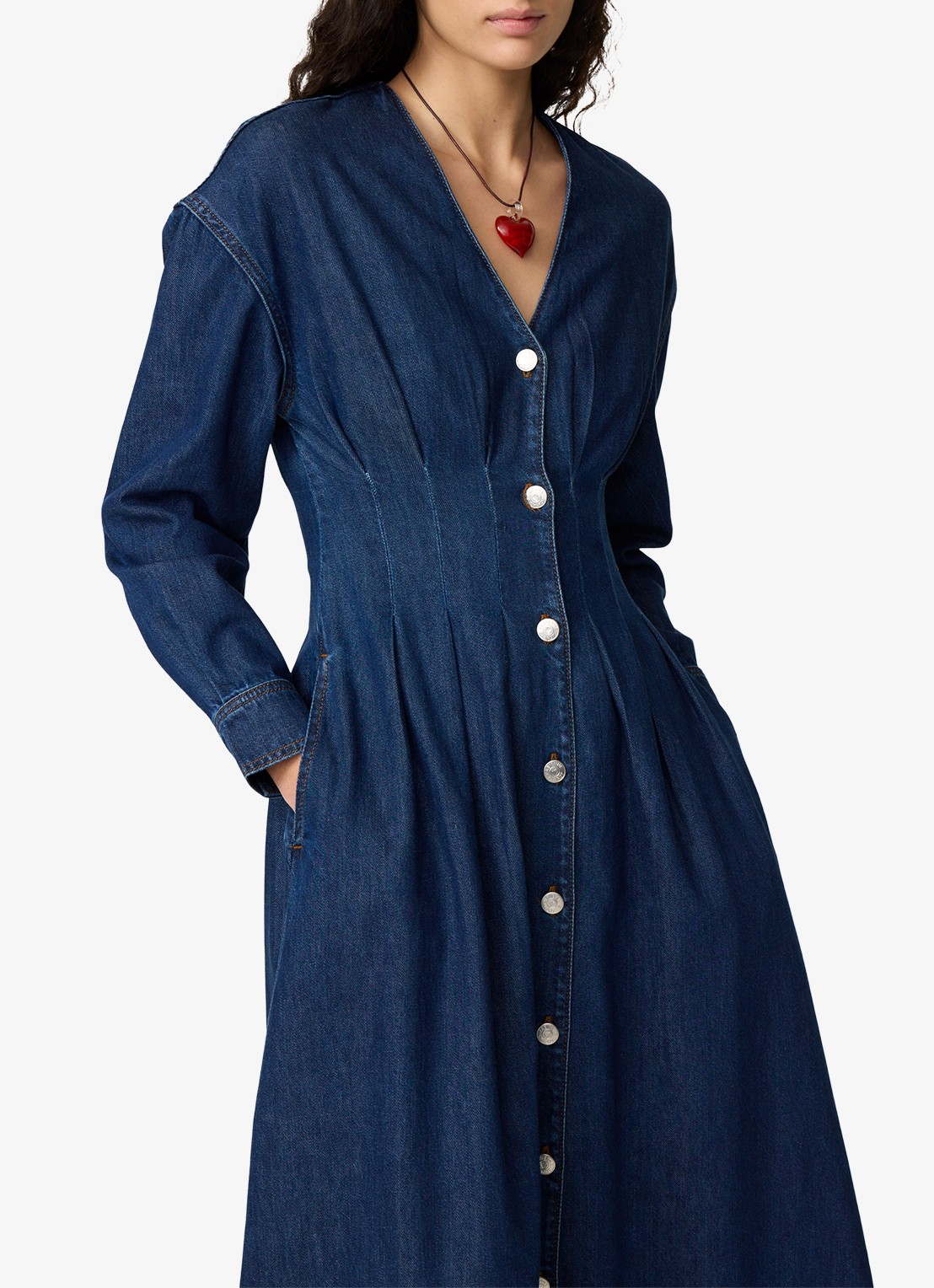 Fabienne Chapot Faith midi denim jurk met V-hals - detail 4 donkerblauw