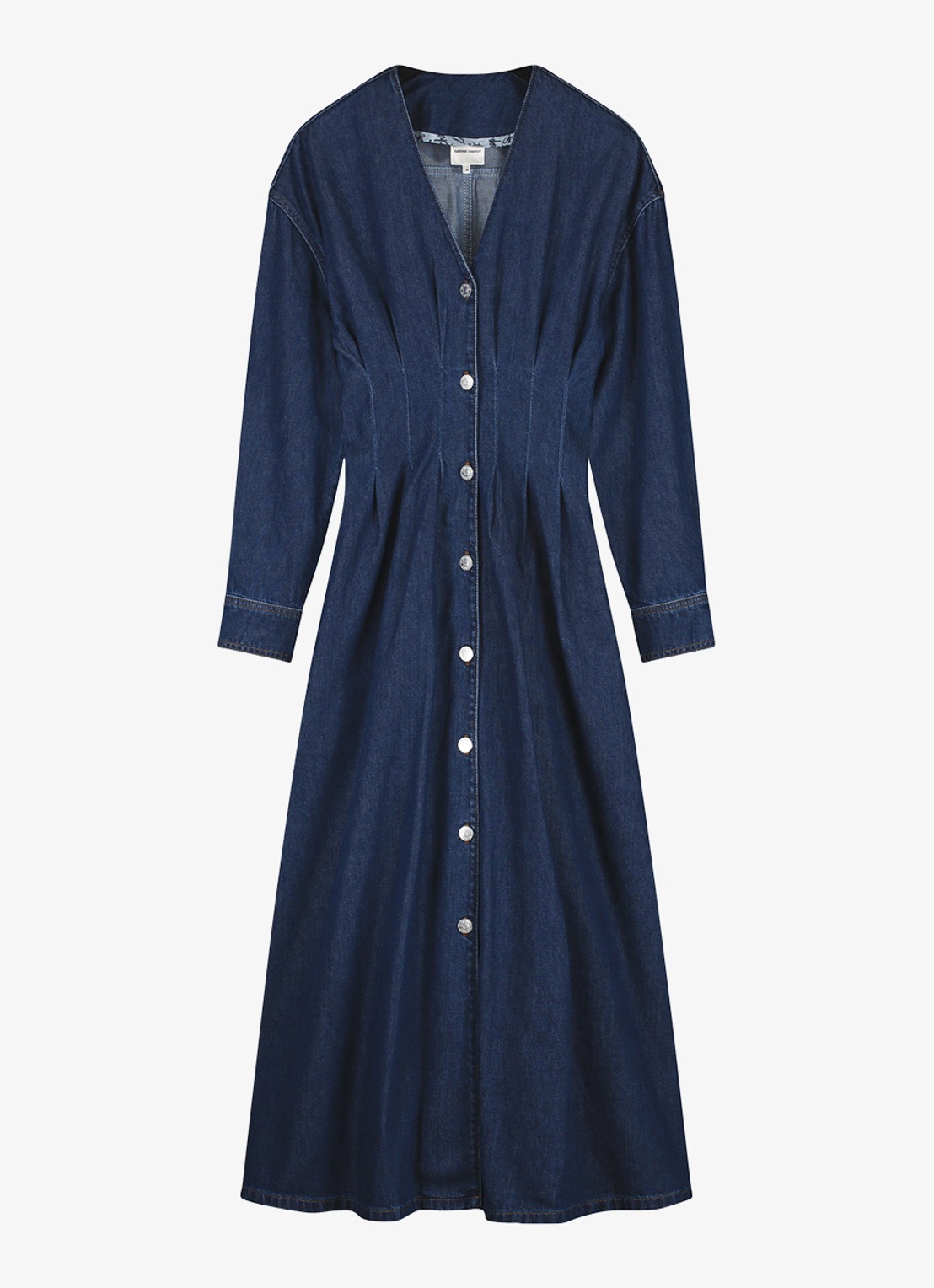 Fabienne Chapot Faith midi denim jurk met V-hals - voorkant donkerblauw