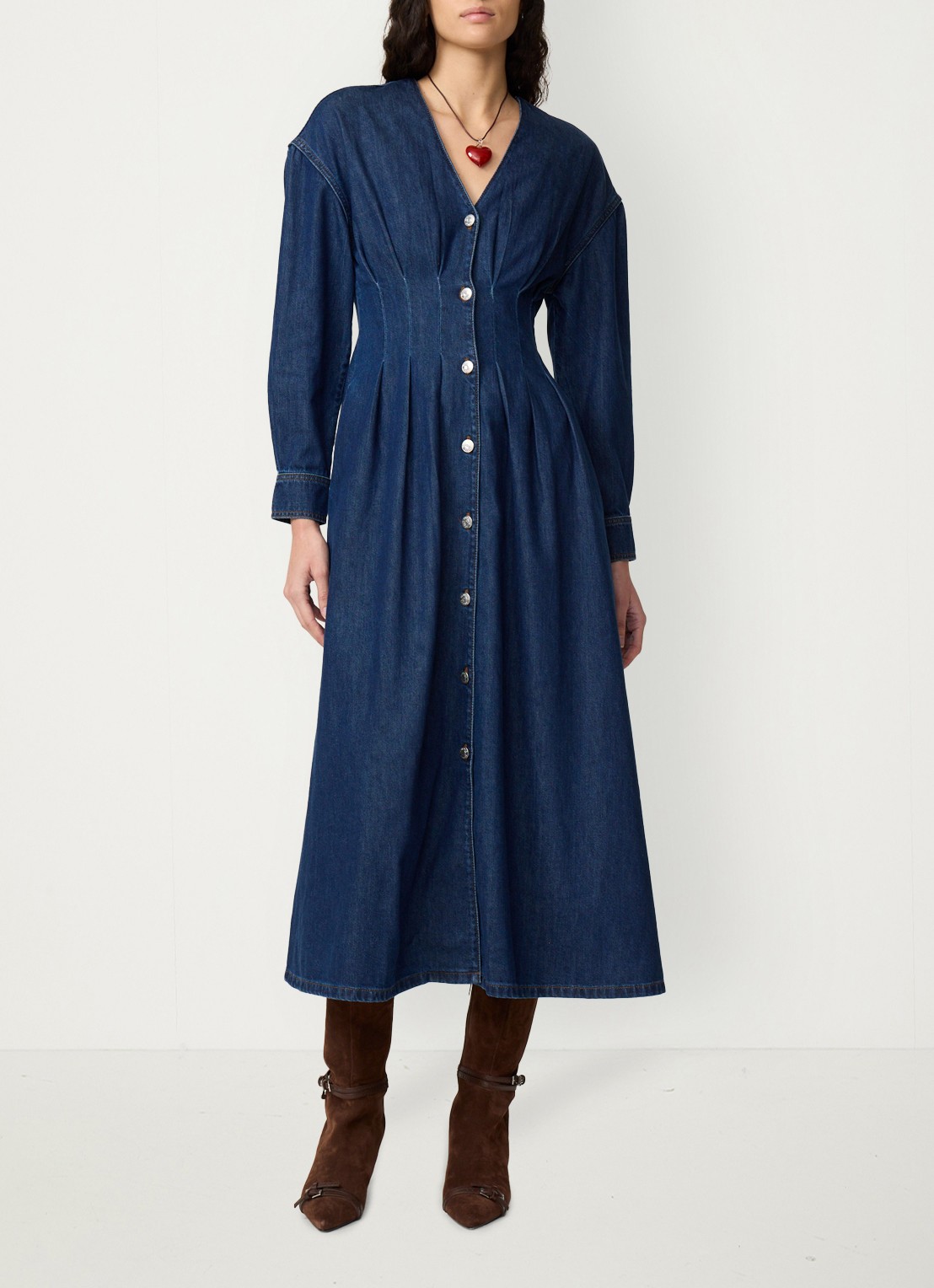Fabienne Chapot Faith midi denim jurk met V-hals - voorkant 2 donkerblauw