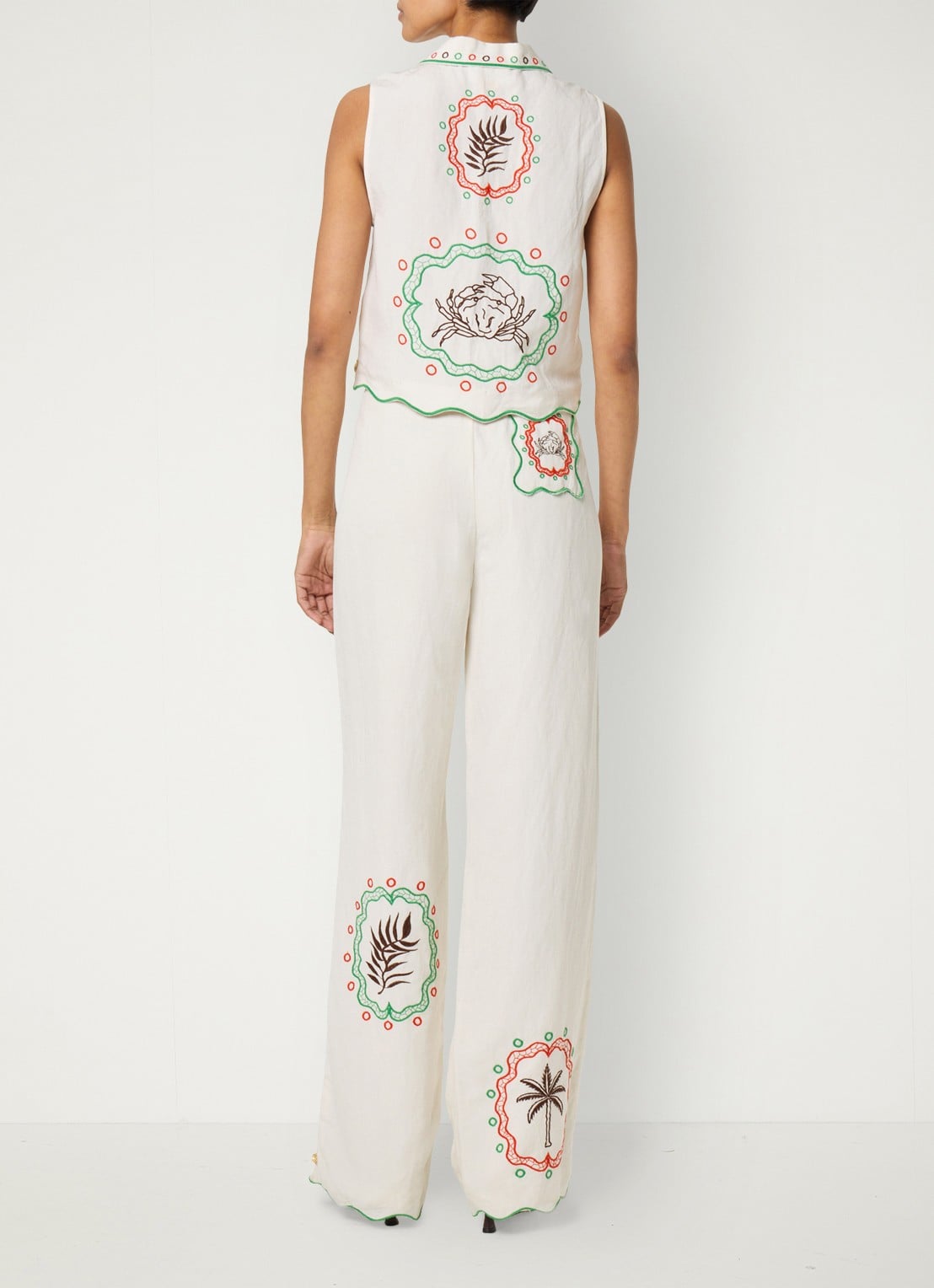 Fabienne Chapot Guicho high waist straight fit pantalon in linnenbend met borduring - achterkant gebroken wit