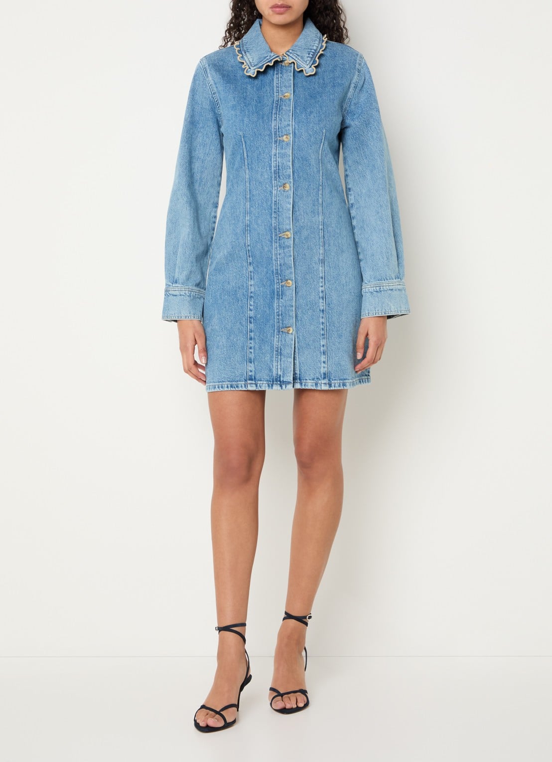Fabienne Chapot Ina mini blousejurk van denim  - voorkant 3 indigo