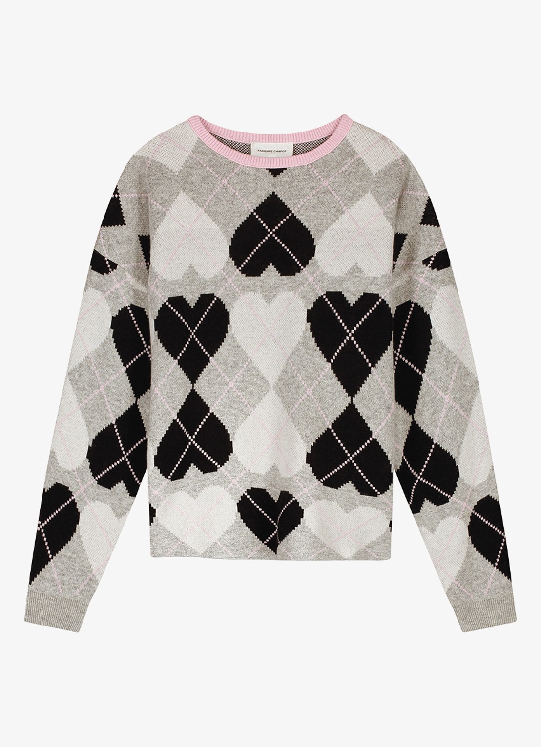 Fabienne Chapot Jamie pullover in kasjmierblend met ruitdessin en hartjesprint - voorkant 3 grijsmele
