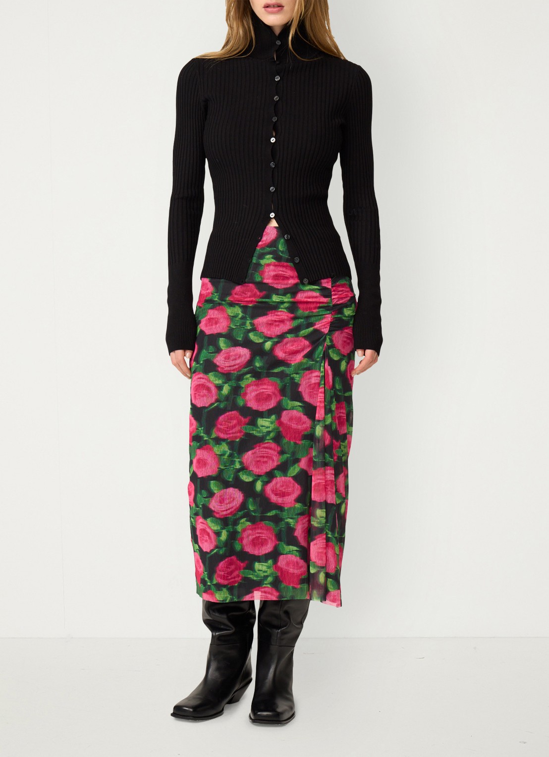 Fabienne Chapot Jessy midi rok met bloemenprint - voorkant 5 fuchsia