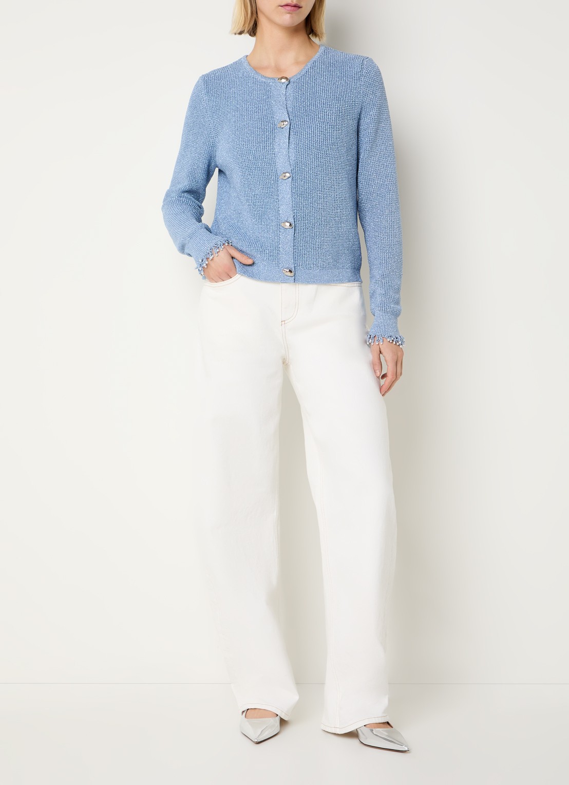 Fabienne Chapot Jody grofgebreid vest in wolblend met lurex - voorkant 2 staalblauw