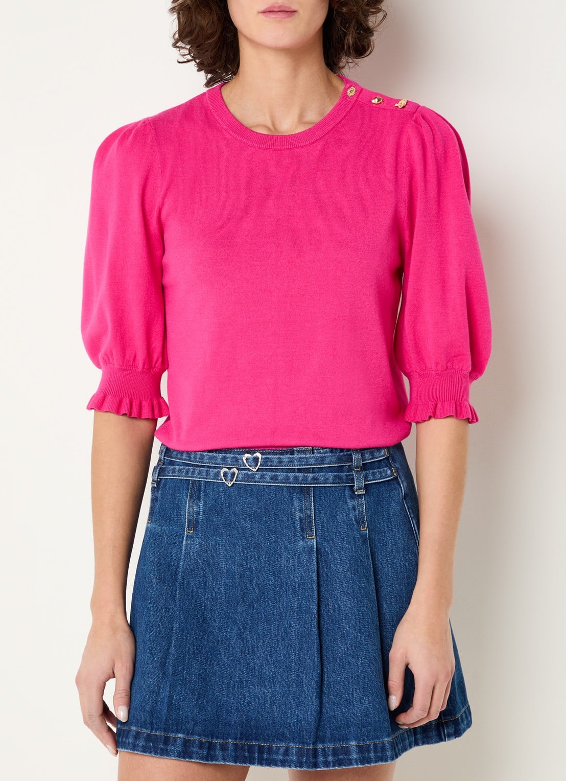 Fabienne Chapot Jolly fijngebreide top met ballonmouw - detail 2 fuchsia