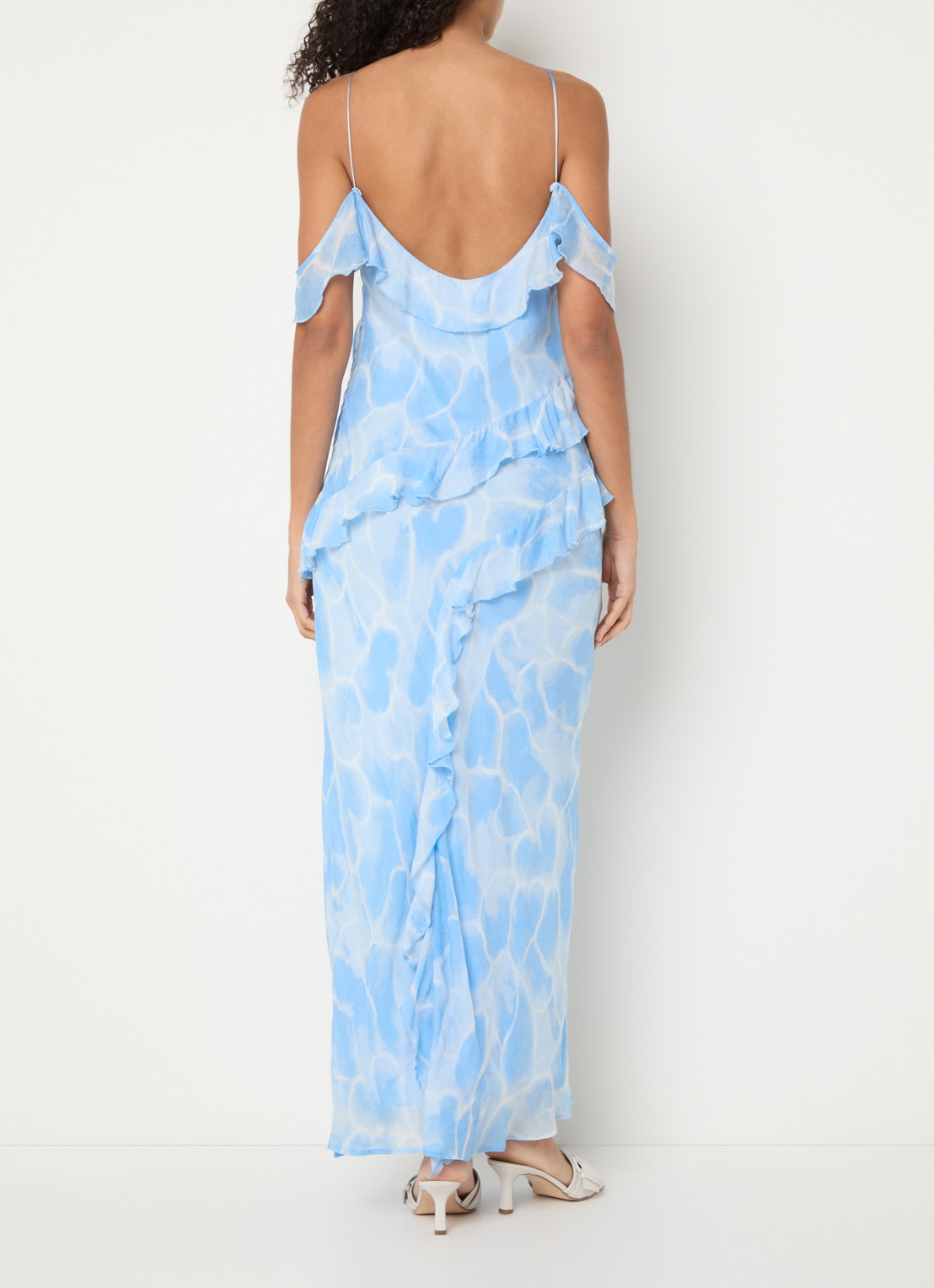 Fabienne Chapot Jule midi jurk met print en split - achterkant 3 lichtblauw