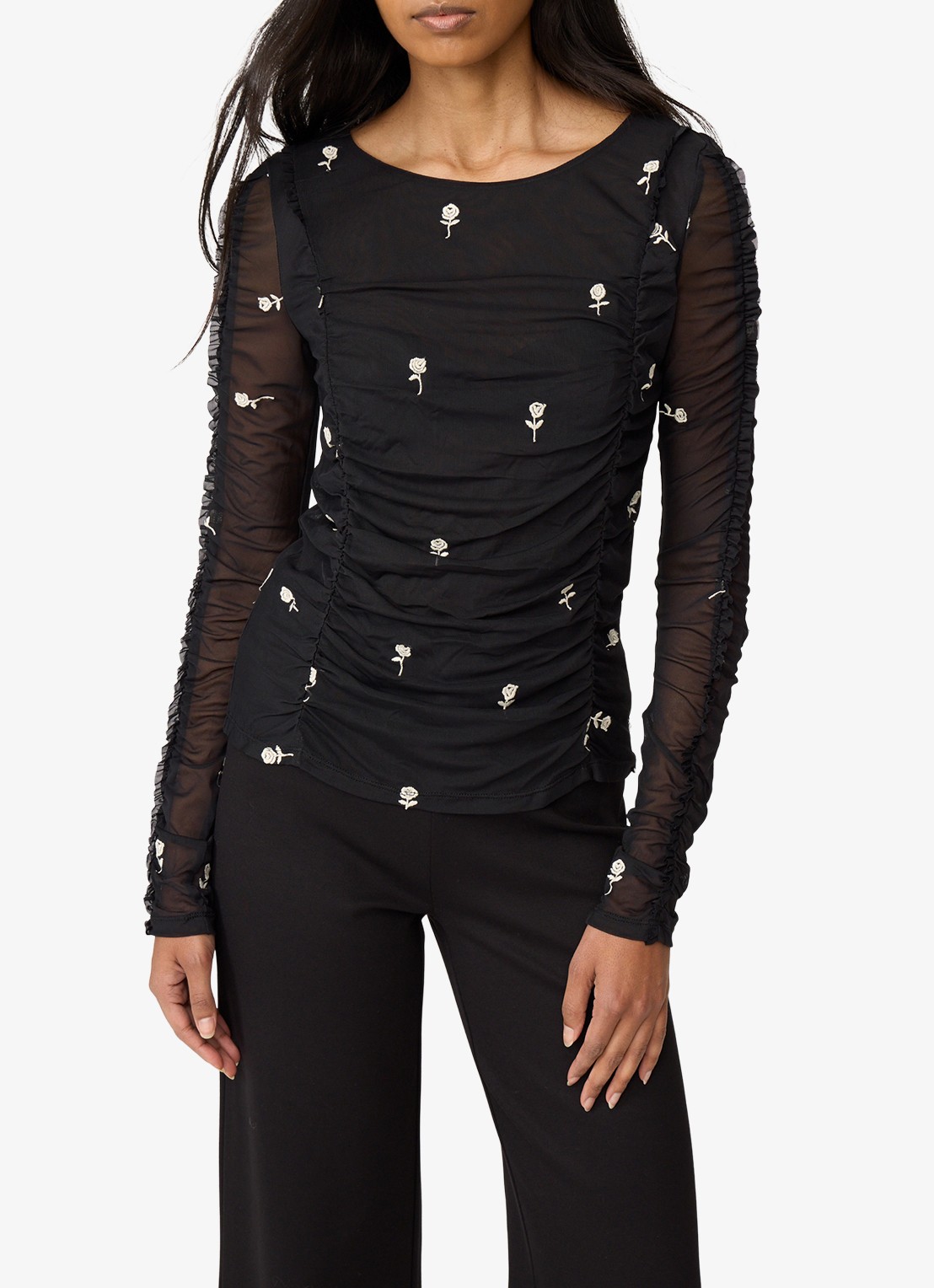 Fabienne Chapot Kamea top van mesh met borduring - detail zwart