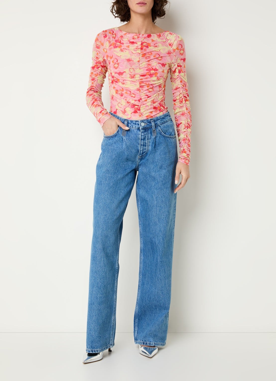 Fabienne Chapot Kane top van mesh met bloemenprint - voorkant 3 lichtroze
