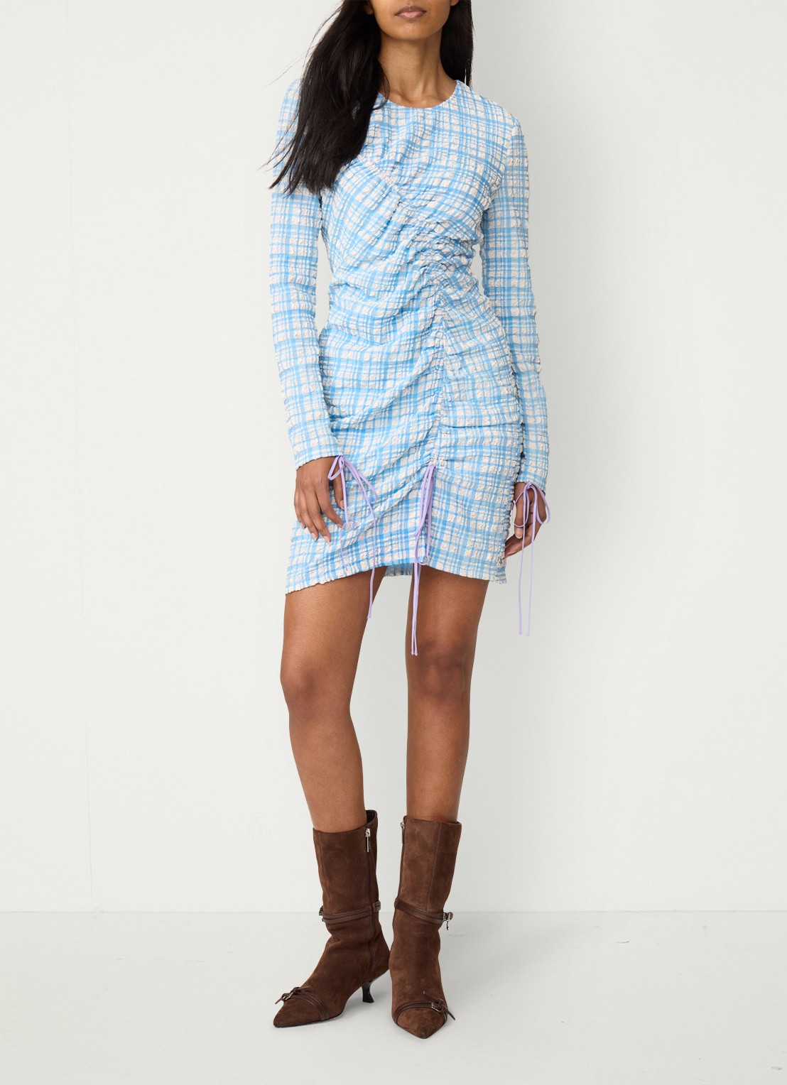 Fabienne Chapot Levi mini jurk met ruitdessin en structuur - voorkant 5 blauw