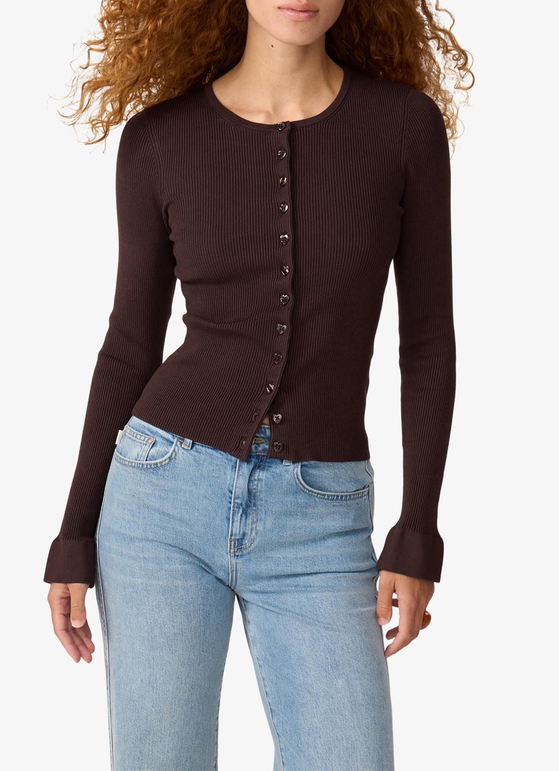 Fabienne Chapot Lilo fijngebreid vest met ribstructuur - detail donkerbruin
