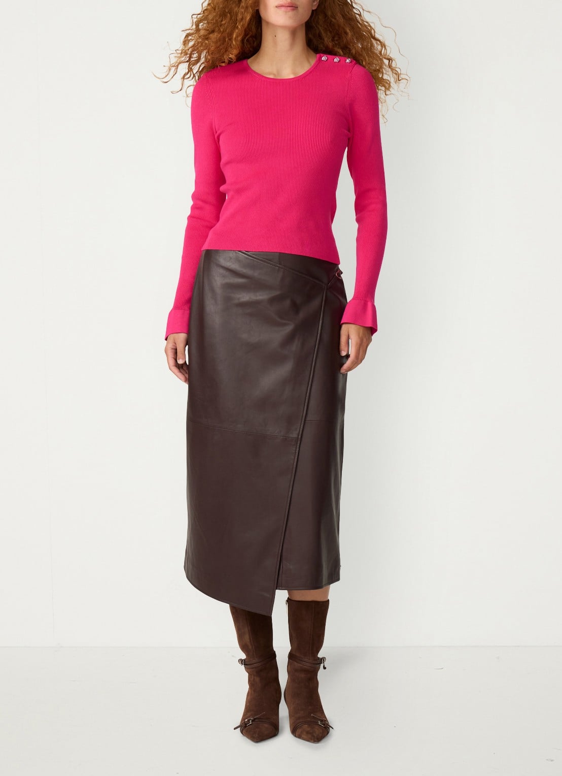 Fabienne Chapot Lilo ribgebreide pullover met sierknopen - voorkant 4 fuchsia
