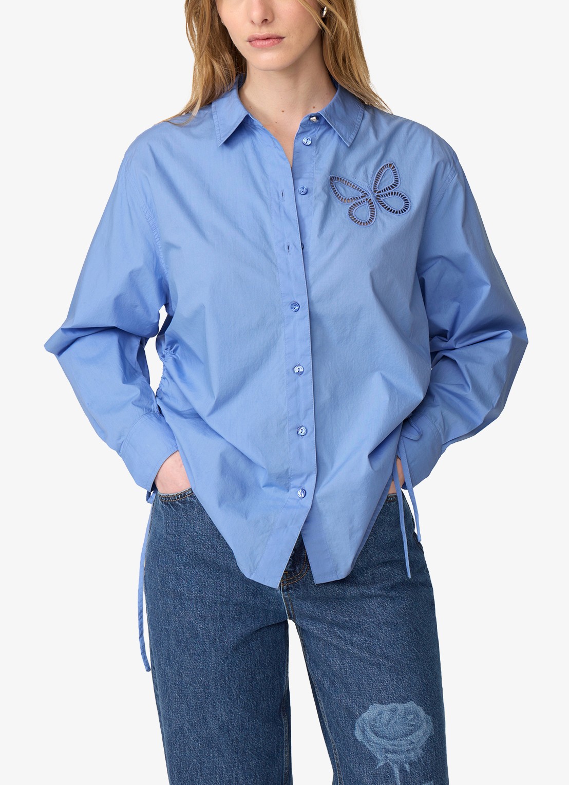 Fabienne Chapot Lux blouse met borduring en trekkoord - detail blauw