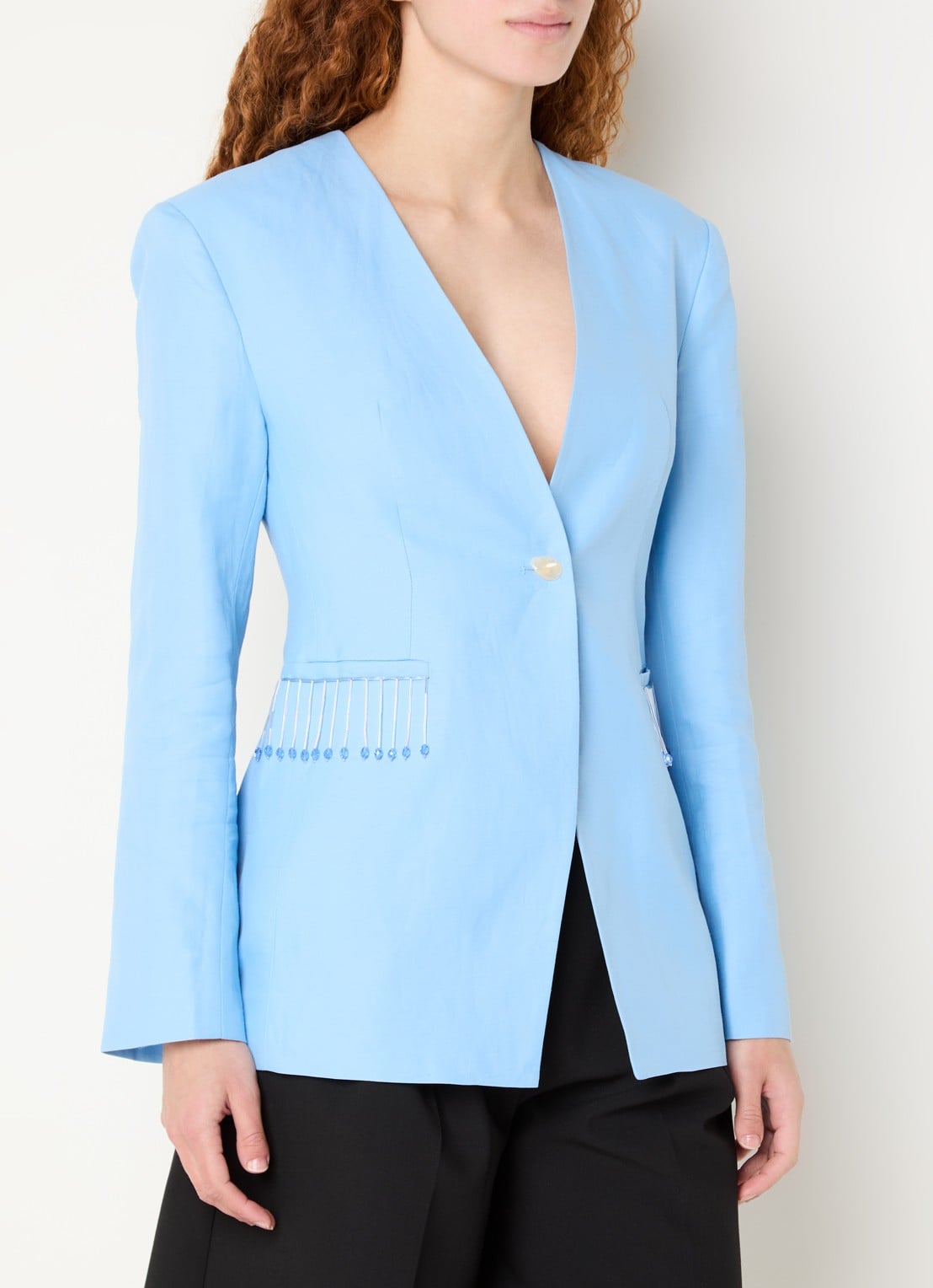 Fabienne Chapot Luz blazer in linnenblend met franjes - detail 2 aquablauw